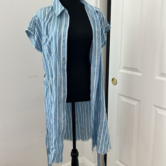 Hem & Thread blue pinstripe collar button down midi dress with waist tie - Picture 6 of 6